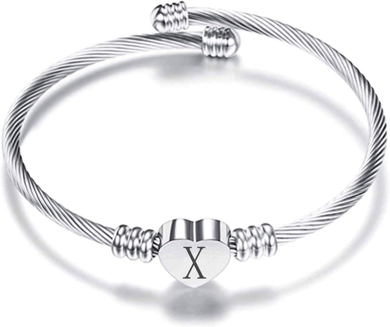 VQYSKO Silver Heart Initials Bracelet-A-Z Stainless Steel Engraved Charm Bracelet, Woman Jewelry Birthday Festival Gift - Image 1